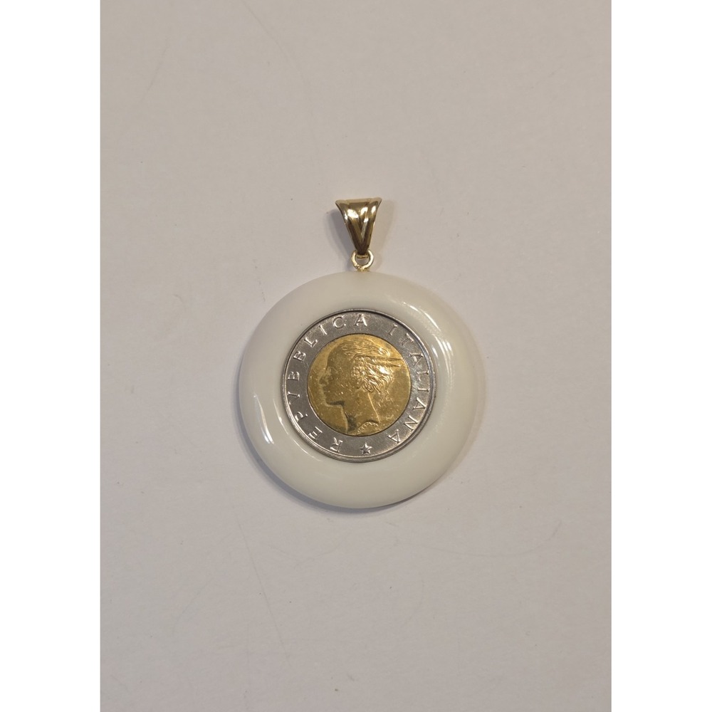 14k‎ Yellow Gold Milor Encased Italy Lira Coin White Agate 2" Pendent
